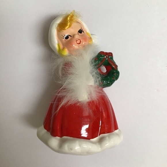 Napco ? Ceramic Christmas Girl Figurine Wreath Hair Fur Red Mrs. Claus Dress VTG - Picture 2 of 14